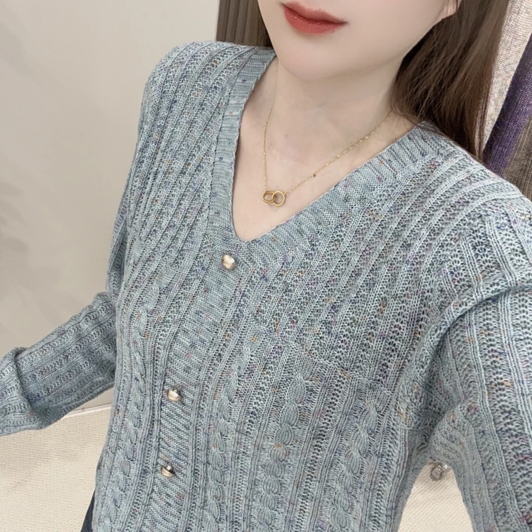 【棉纱】麻花针织衫女新款时尚洋气宽松百搭纽扣上衣V领套头长袖