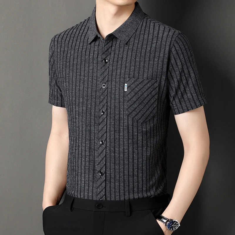 高档夏季桑蚕丝衬衫棉麻长袖休闲亚麻衬衫中年条纹商务免烫衬衣薄