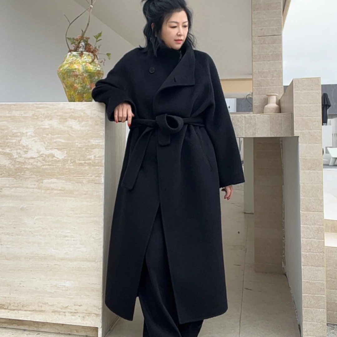 2025韩版气质高级感中长款斜扣领双面100%羊毛大衣秋冬款女