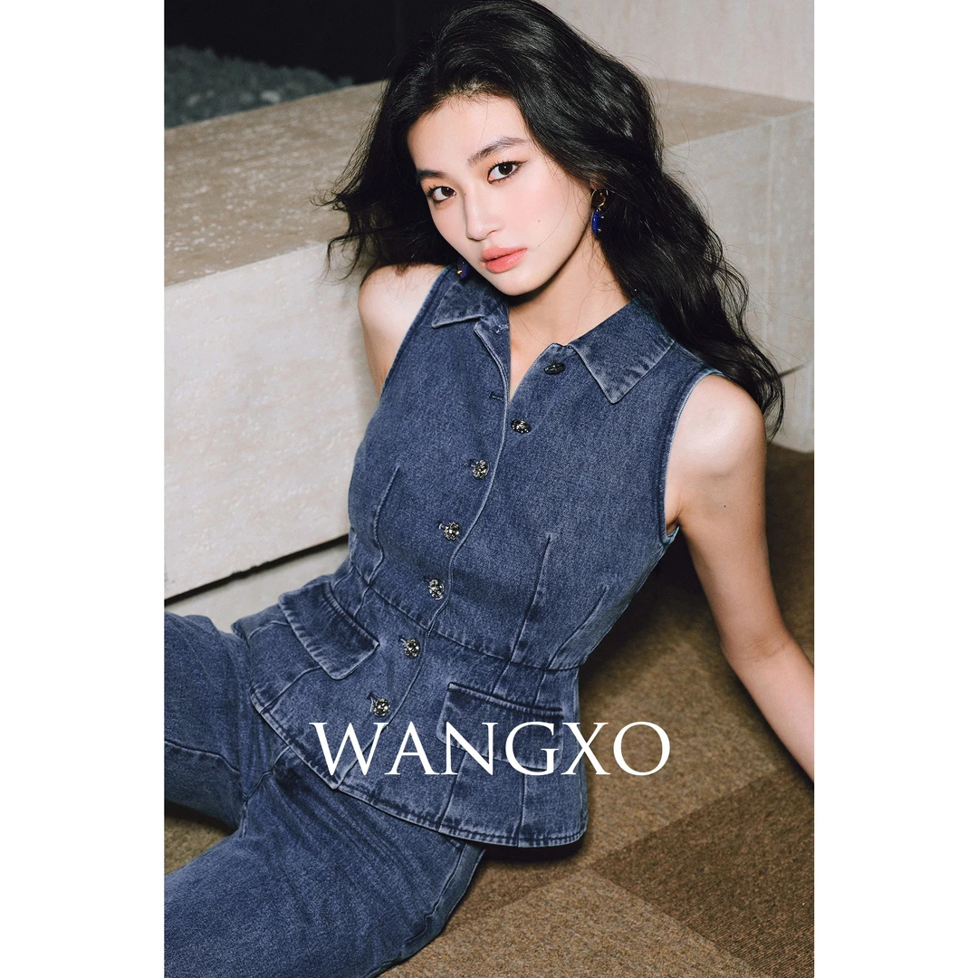 WANGXO  复古翻领收腰马甲牛仔套装  250039W/250039W-1