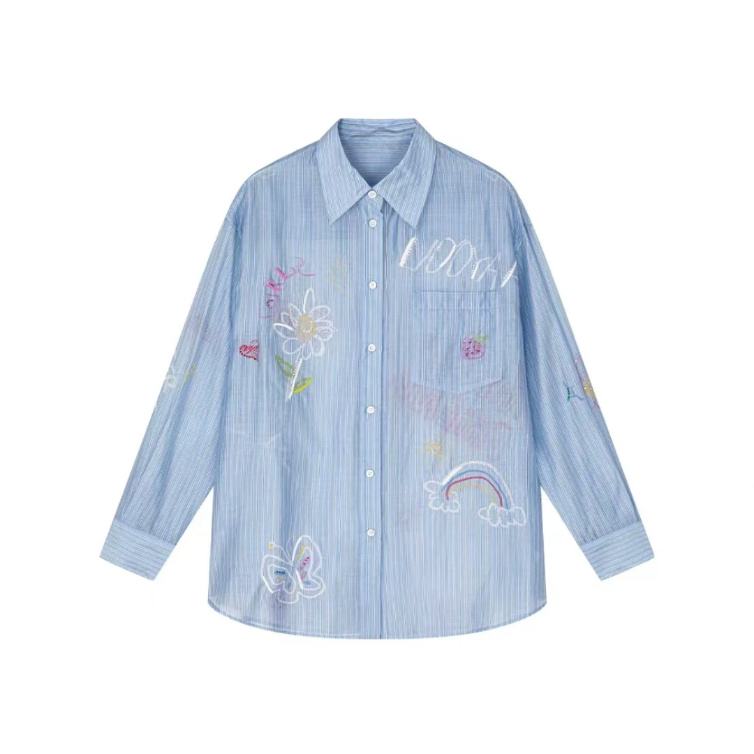 6234 薄款防晒衬衣2025春夏季新款手绘涂鸦烫钻条纹衬衫