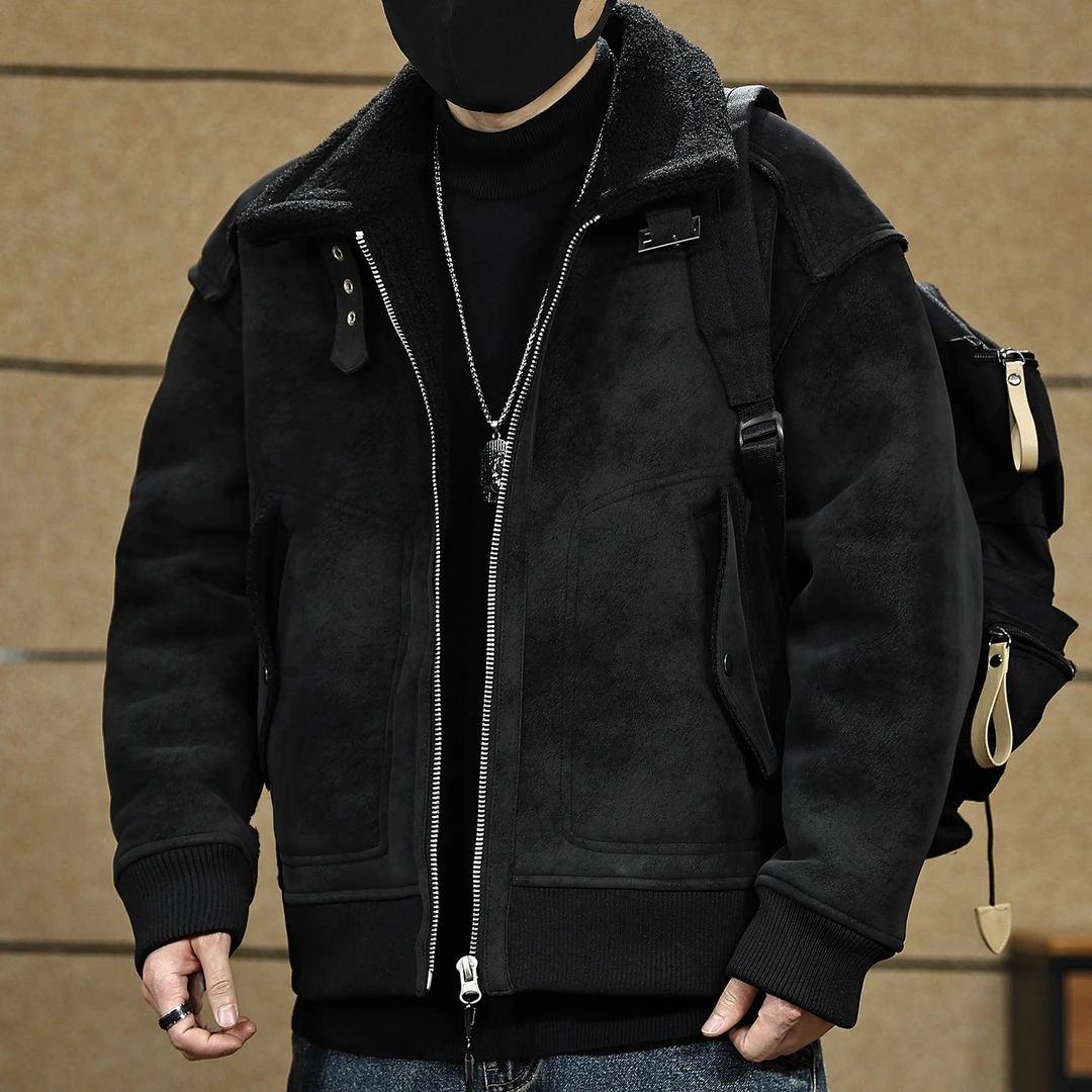 皮毛一体美式工装羊羔绒棉服男士秋冬季宽松加绒保暖翻领夹克外套