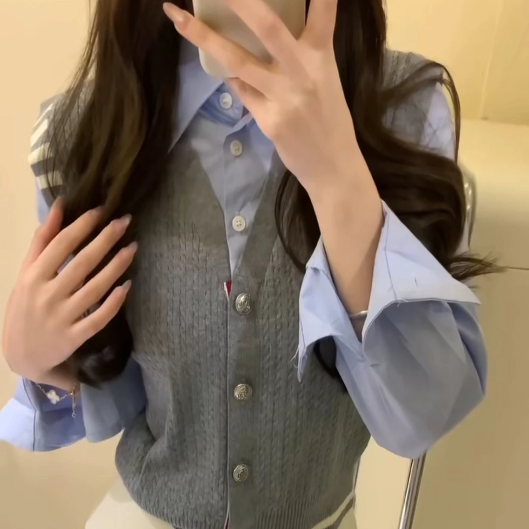 早秋新款通勤修身显瘦长袖拼接马甲2件套