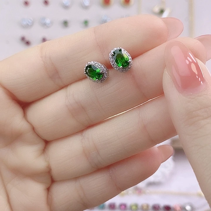 透辉石耳饰银S925镶嵌