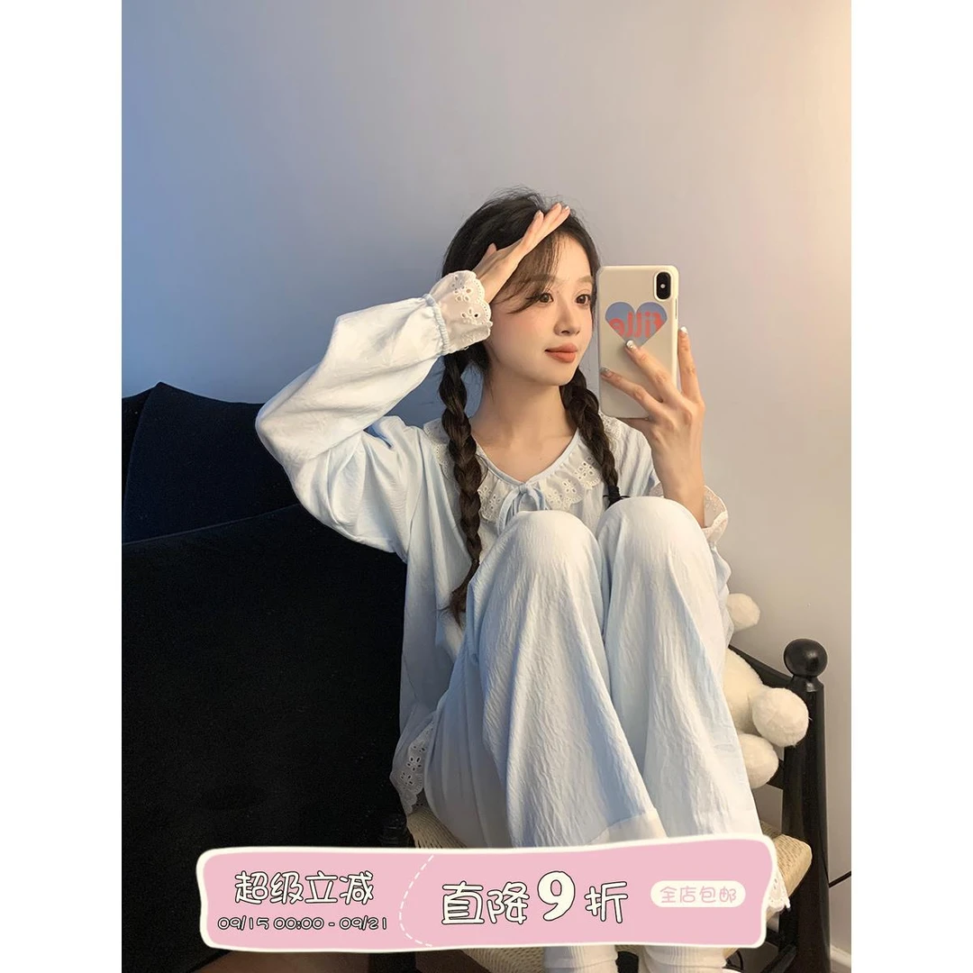 2024新款娃娃领蕾丝边开衫睡衣女秋季甜美外穿长袖家居服