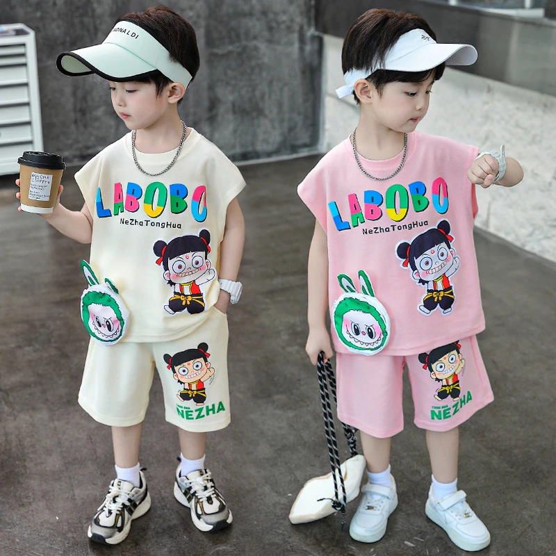 男童夏季薄款时尚潮酷帅气LABUBU哪吒卡通无袖背心套装中小童夏装