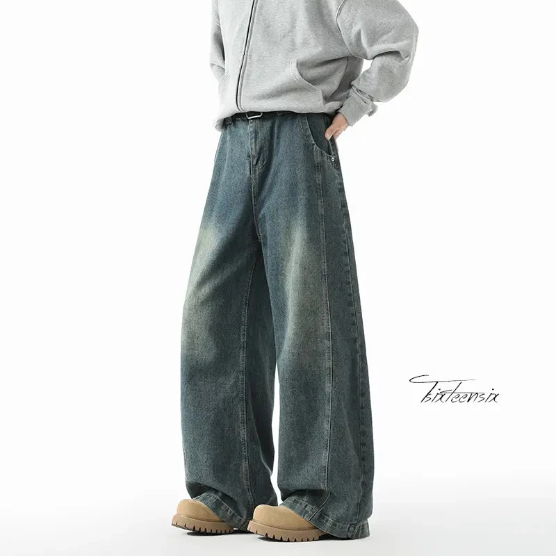 水洗做旧美式复古秋季拼接男生高街cleanfit弯刀牛仔裤休闲阔腿裤