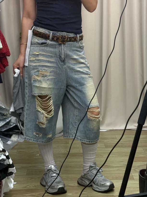 8-0455/破洞牛仔裤美式做旧五分裤
