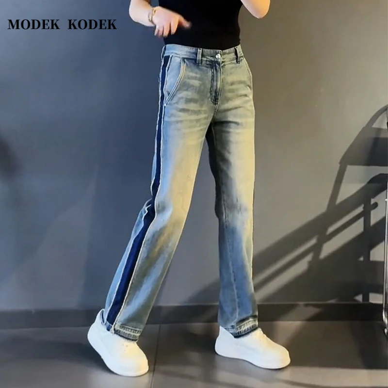 MODEK KODEK轻奢拼接侧边织带潮流牛仔裤男士春夏直筒宽松休闲裤