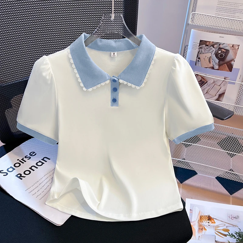 2025夏季新款甜美时尚蕾丝拼接POLO领短款T恤女经典修身短袖上衣