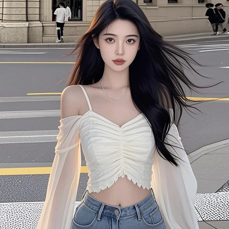 夏季穿搭性感女装法式设计感褶皱外穿雪纺衫2025新款辣妹吊带上衣