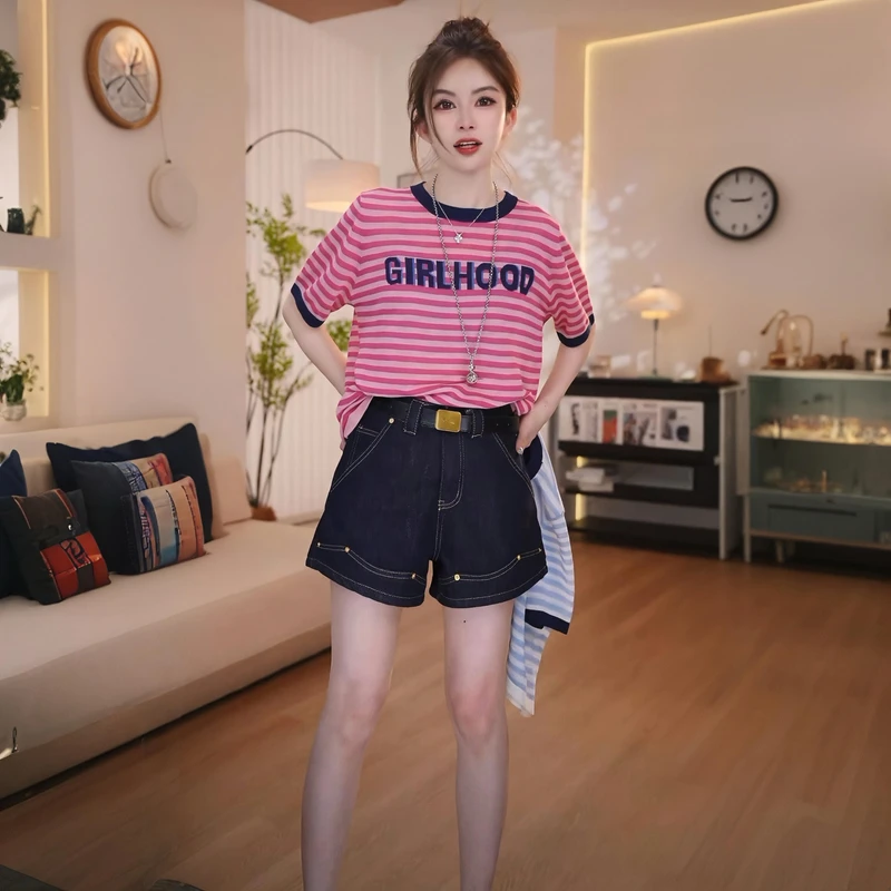 夏季穿搭一套圆领短袖条纹针织衫上衣水洗牛仔短裤两件套2025新款