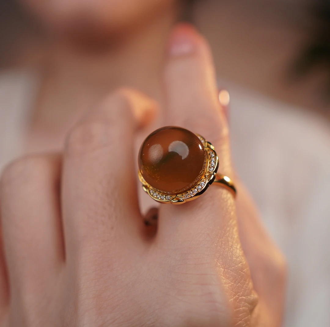 墨西哥天然蓝珀圆珠花托净水戒指气质轻奢时尚镶嵌精致可调节