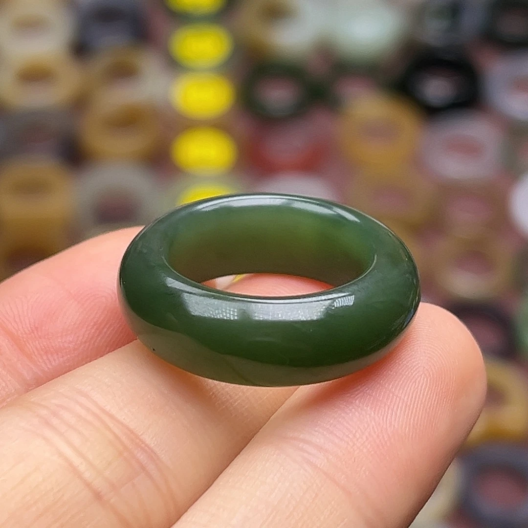 和田玉未镶嵌戒指17.5无皮菠菜绿