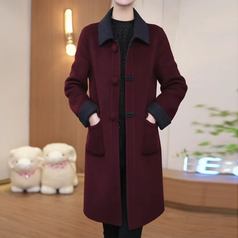 秋季毛呢外套妈妈款红色休闲宽松大衣女冬装呢子洋气中老年上衣