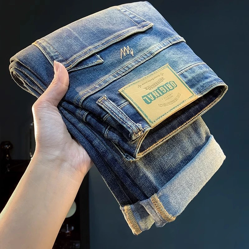 Cebrodz美式复古牛仔裤男靛蓝色夏季潮流做旧洗水长裤宽松休闲裤