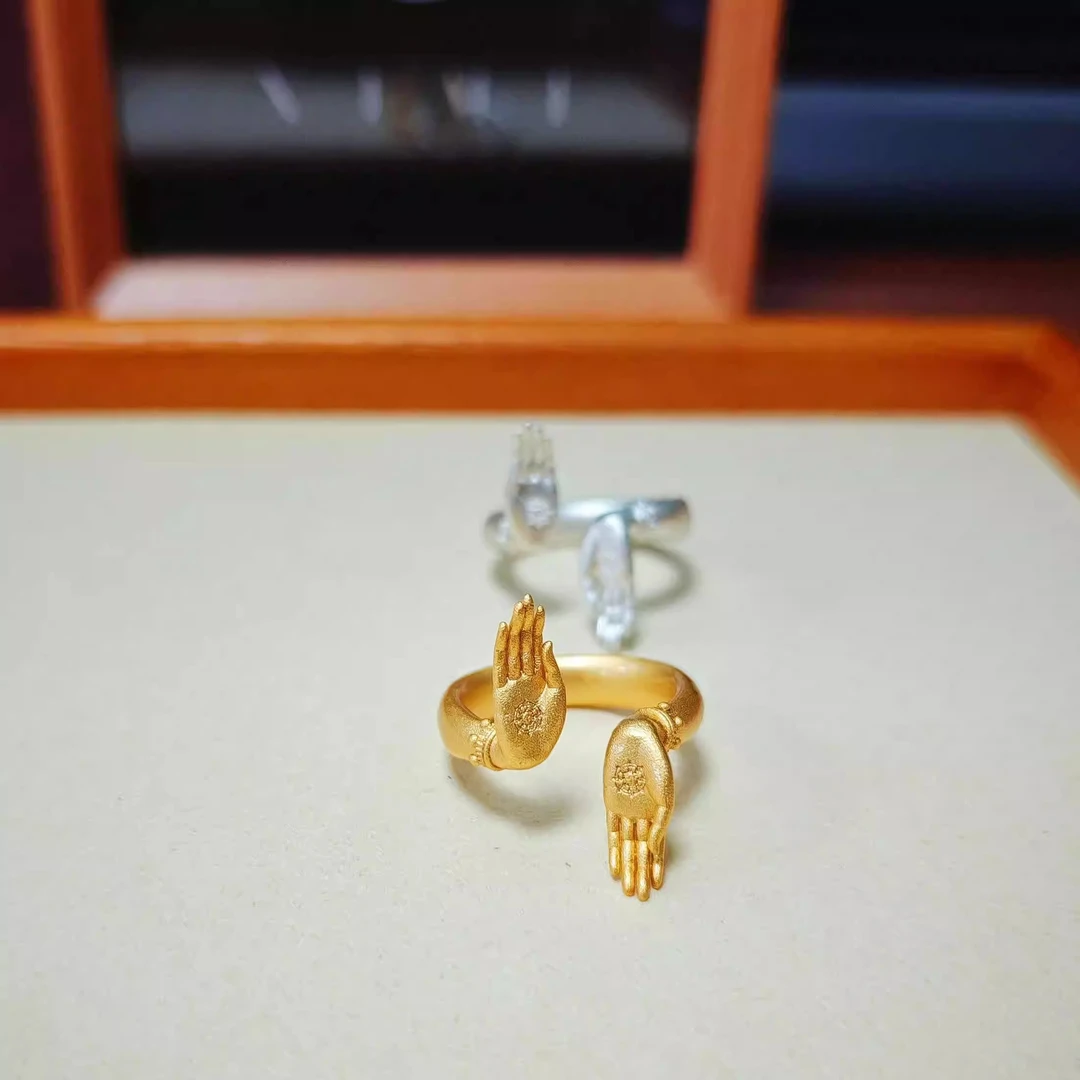 铜合金戒指 无畏与愿佛手戒指小众设计指环高级感百搭情侣对戒女