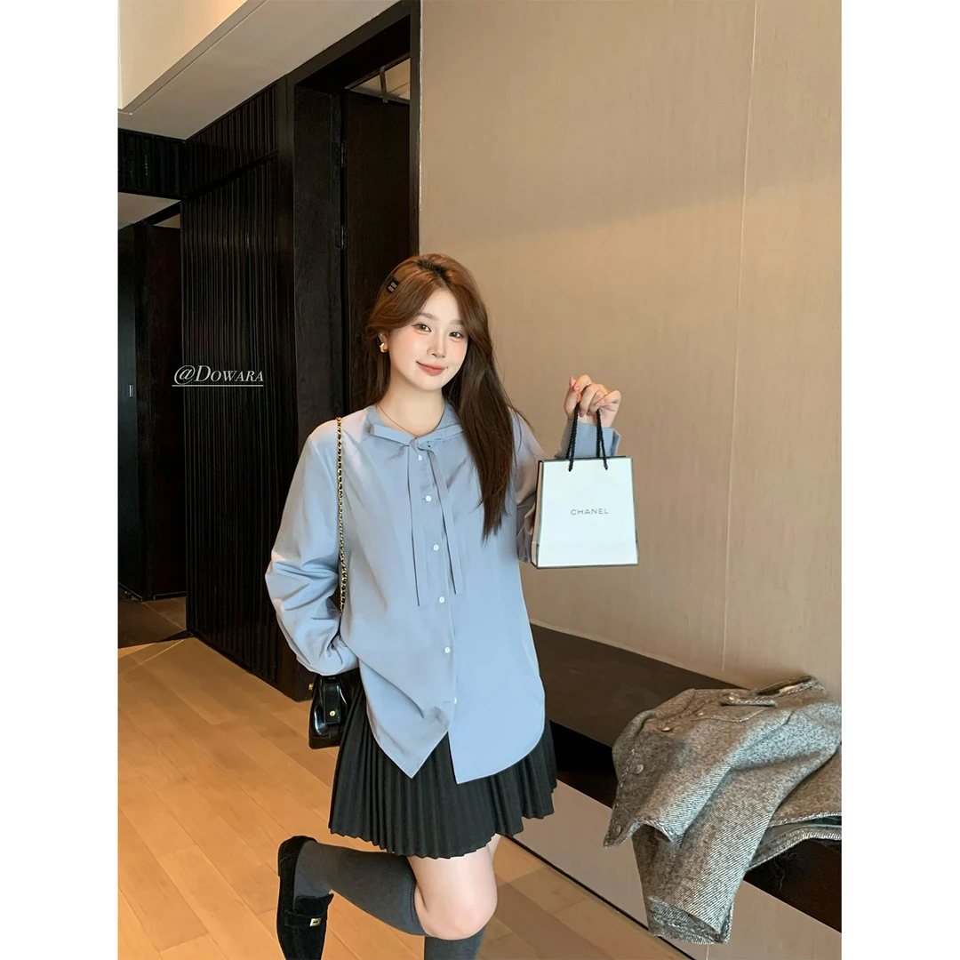 现货大婉酱微胖定制韩系蓝色长袖衬衫早春圆领百搭休闲上衣 6463D