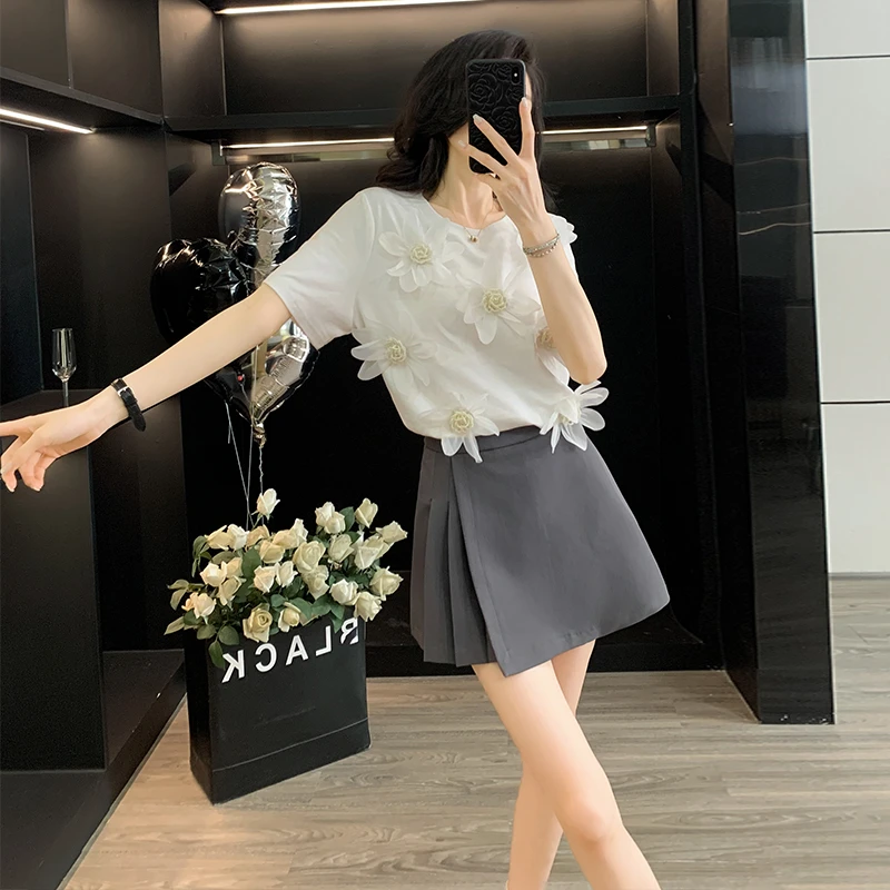 女生韩系ins穿搭套装短袖白色T恤气质高腰半身裙两件套女装夏装潮