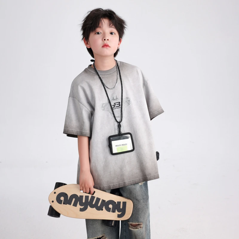 男大童夏装做旧纯棉短袖T恤2025新款儿童装夏季渐变半袖宽松上衣