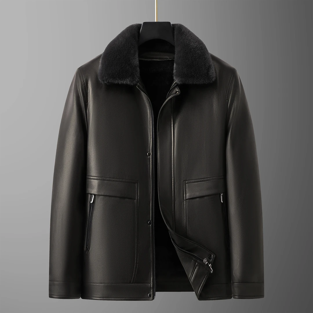 中年爸爸男士商务保暖皮衣水貂绒领加厚皮夹克翻领毛领可脱卸内胆