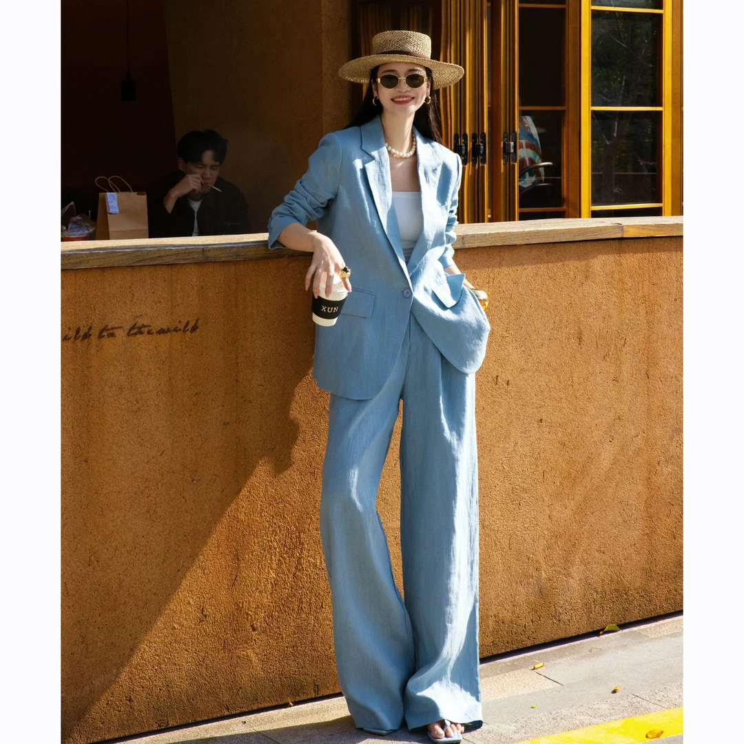 ZEROYK简约大气时尚套装2025夏老钱风松弛感亚麻西装阔腿裤两件套