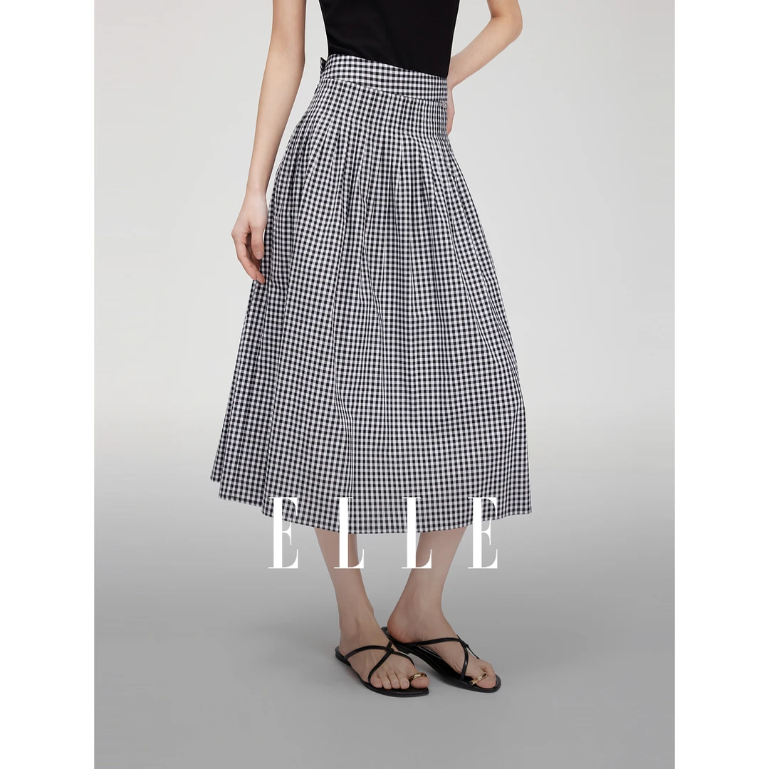 ELLE复古黑白格纹半身裙女2025夏季新款高腰显瘦a字ER51251