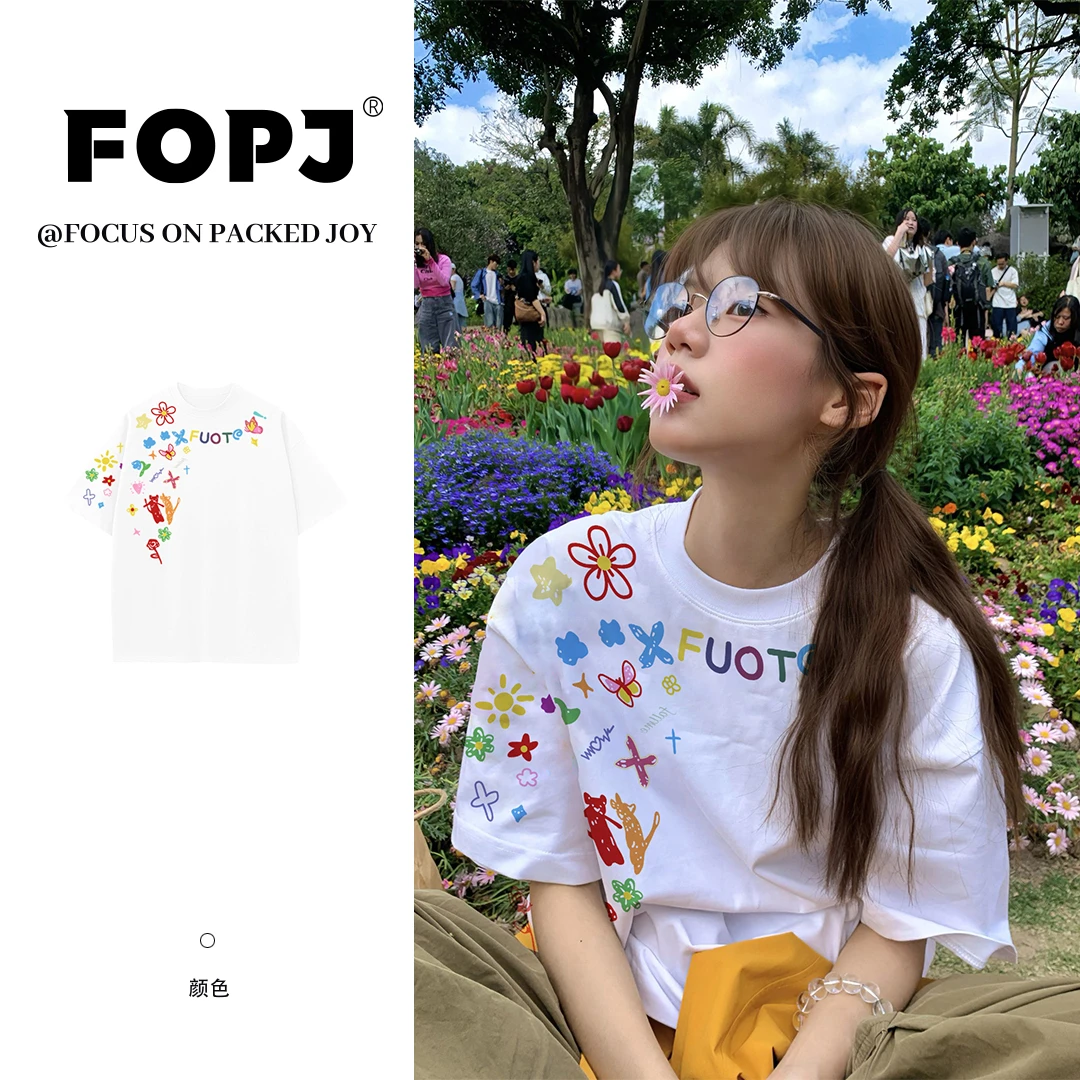FOPJ夏季爆款个性甜美印花T恤短袖女休闲通勤百搭半袖ins纯棉上衣