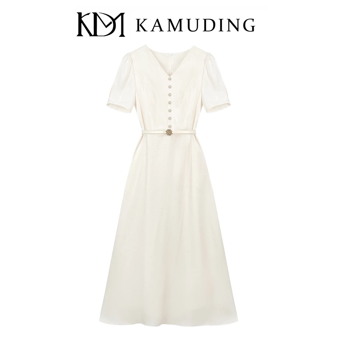 KAMUDING2025新款法式复古优雅风流光杏色V领修身显瘦连衣裙8802