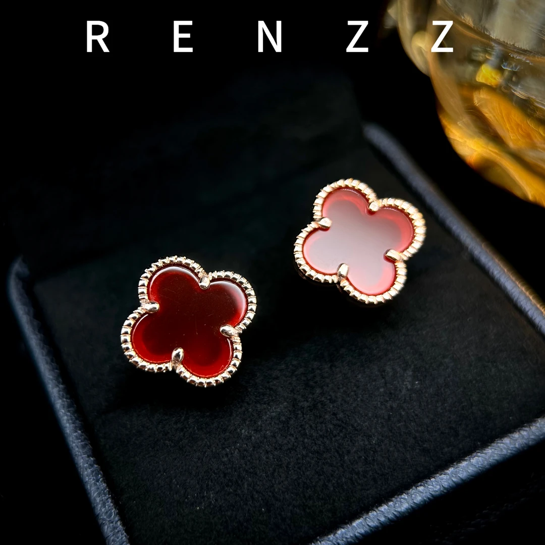 7835红玛瑙/玫瑰金色红幸运草耳钉