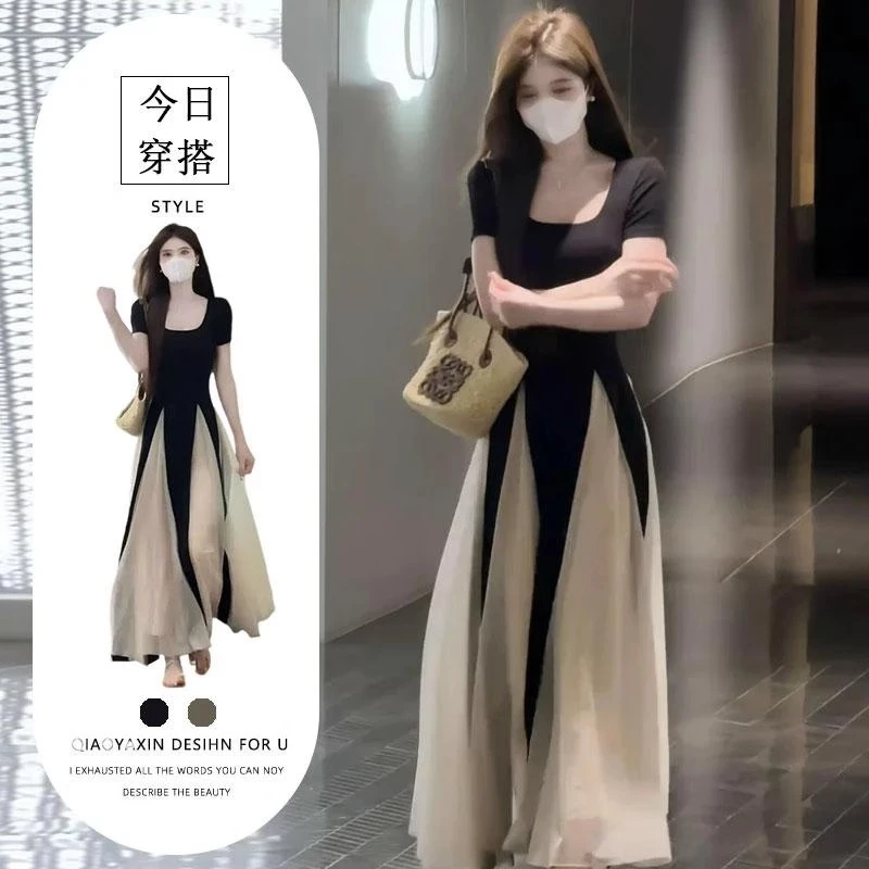 法式小众设计连衣裙女2025夏季新款高级感撞色字裙修身显瘦长裙子