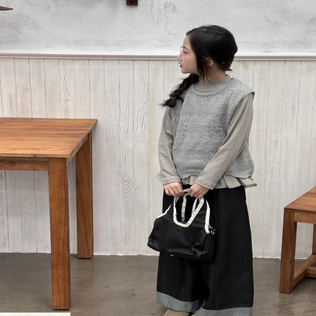 2025女童秋季新款韩系针织套头毛衣打底裤子三件套时尚百搭阔腿