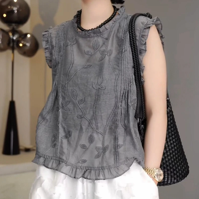 776-（现货）夏季复古休闲花边立体植物印花设计百搭上衣