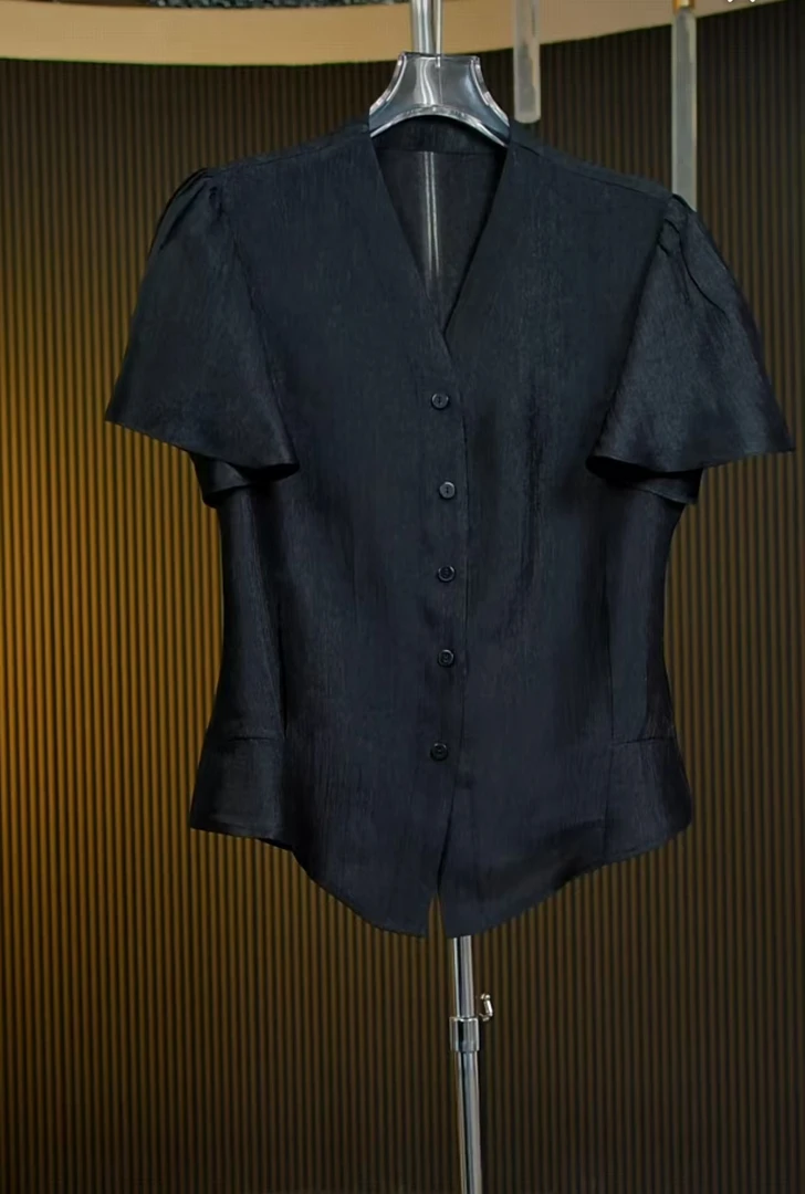 【珠光醋酸】夏季短袖V领醋酸衬衫气质不透肉高质感黑色套装x1821