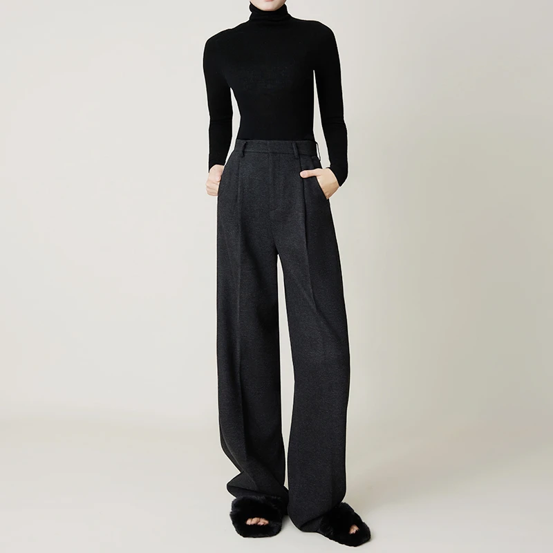 曼德西比利醋酸羊毛秋冬加厚毛呢西装裤女士高腰阔腿裤直筒糯米裤