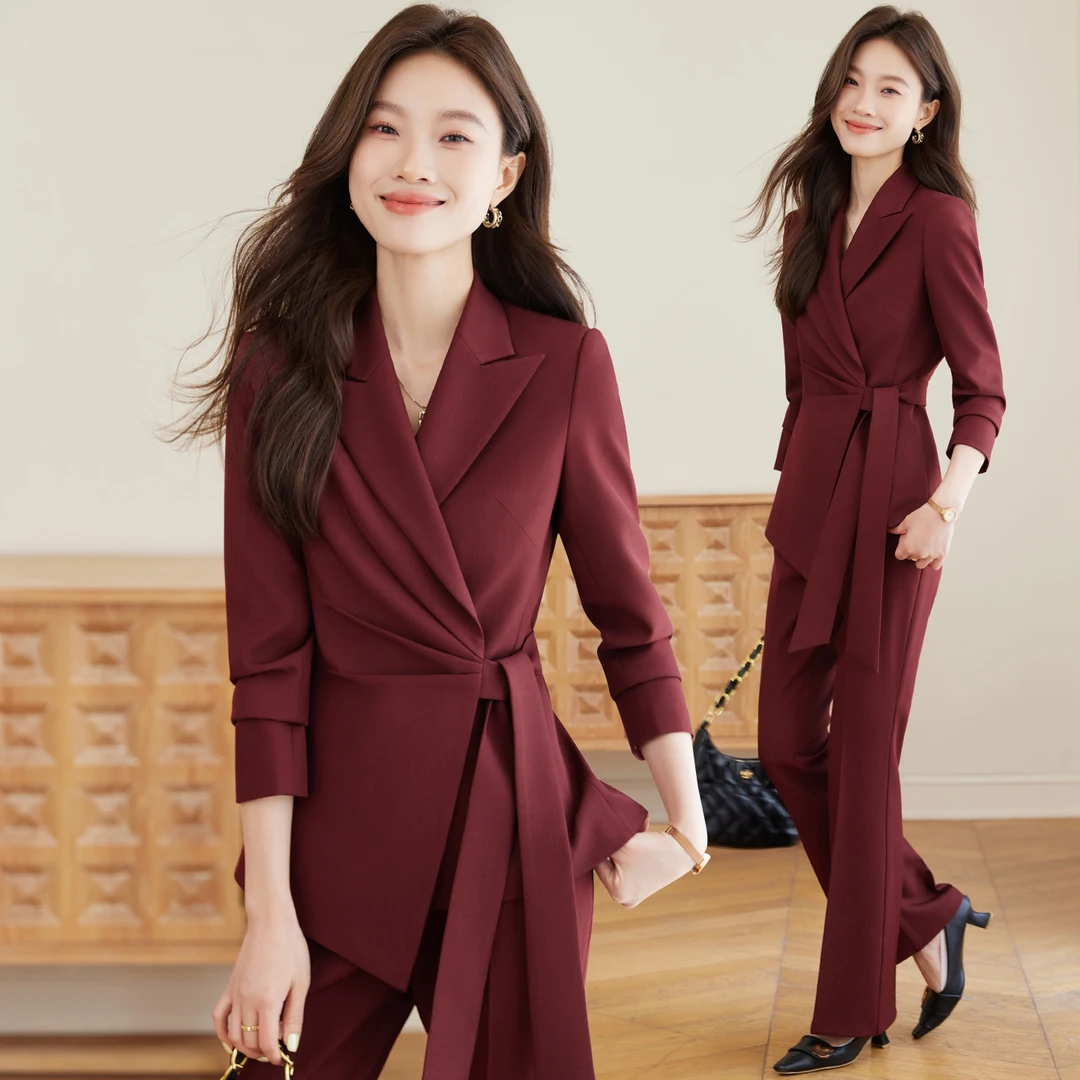 安可拉红西装套装女2025新款春秋高级感蝴蝶结今年流行主持人西服