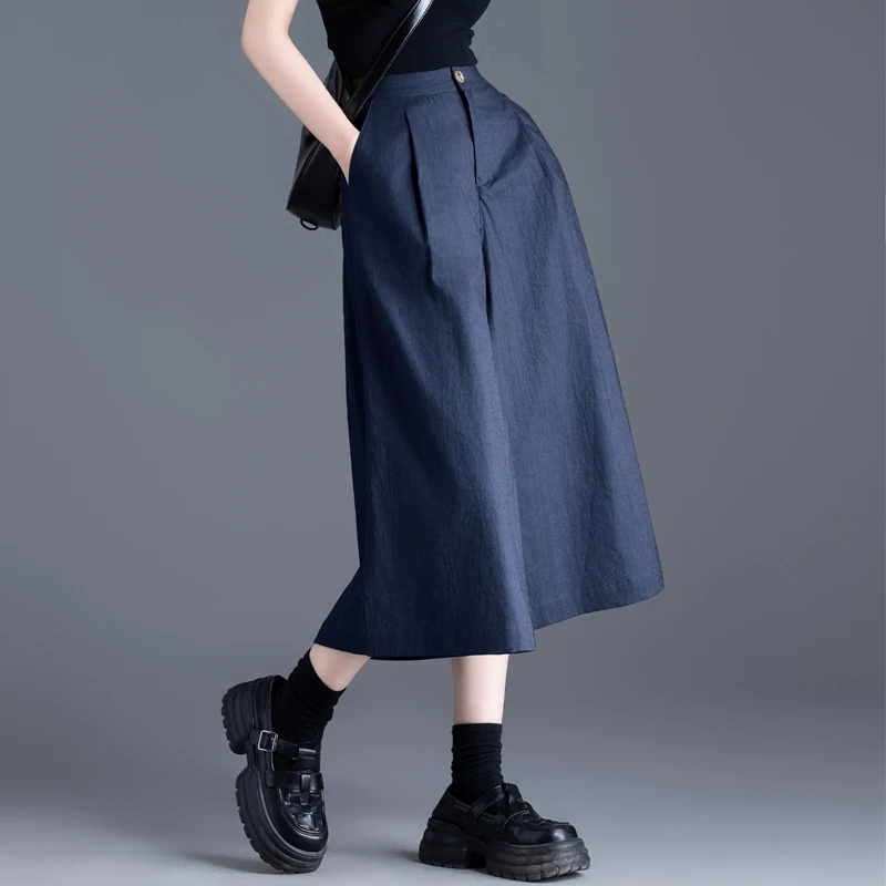 藏青色亚麻裤子女高级感2025夏季薄款休闲阔腿女裤裙小个子八九分