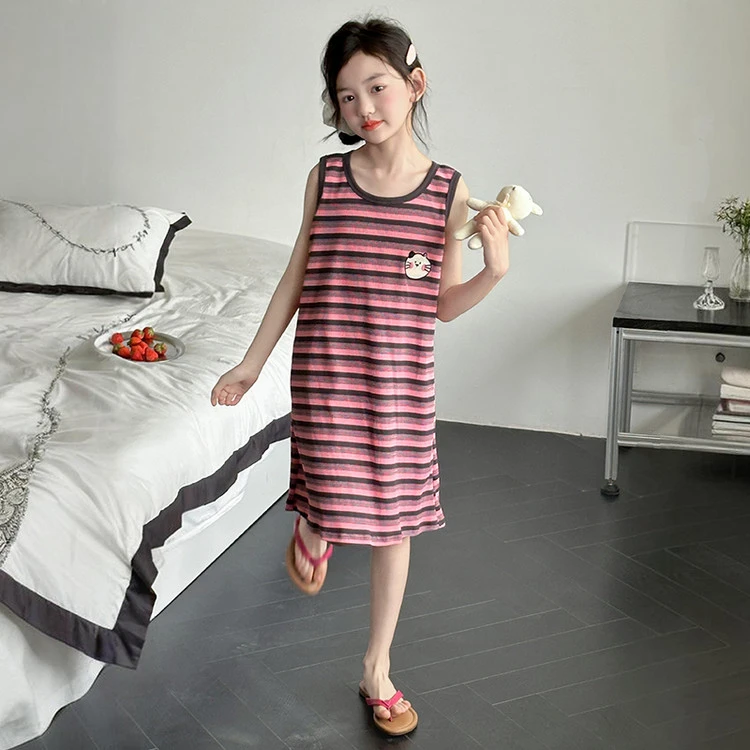 女童韩版简约夏季儿童条纹无袖女孩睡裙2025新款中大童5-12岁15岁