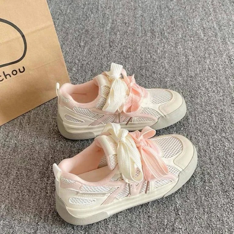 韩系休闲板鞋女2025新款 夏季网面透气厚底小白鞋面包鞋