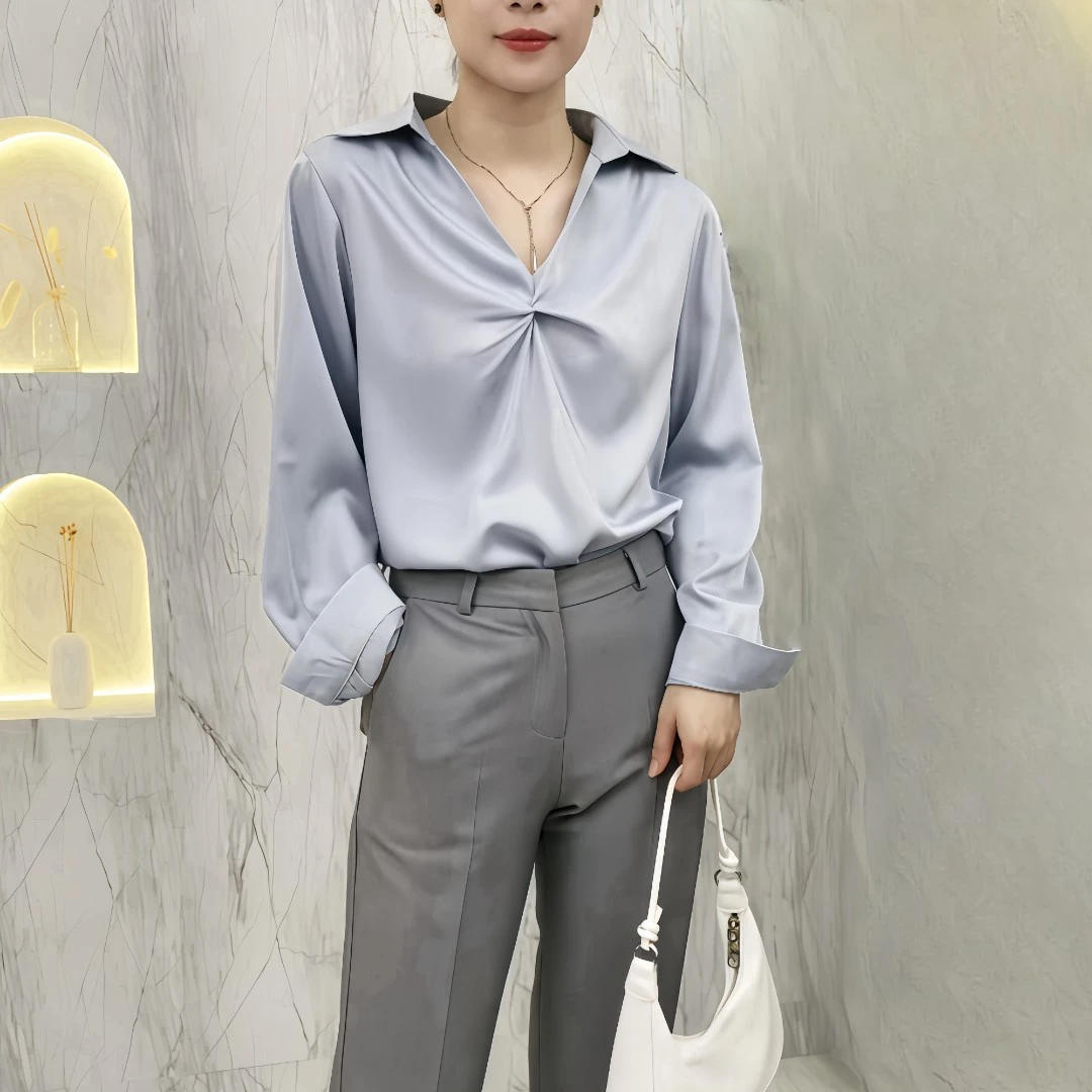 2025春季洋气衬衣女长袖宽松v领时尚白色褶皱韩版设计感小众衬衫