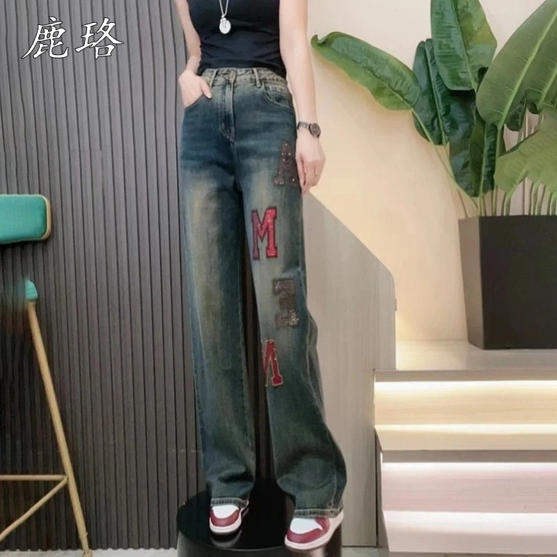 重工字母刺绣港风时尚减龄直筒阔腿牛仔裤女2025秋季新款显瘦百搭