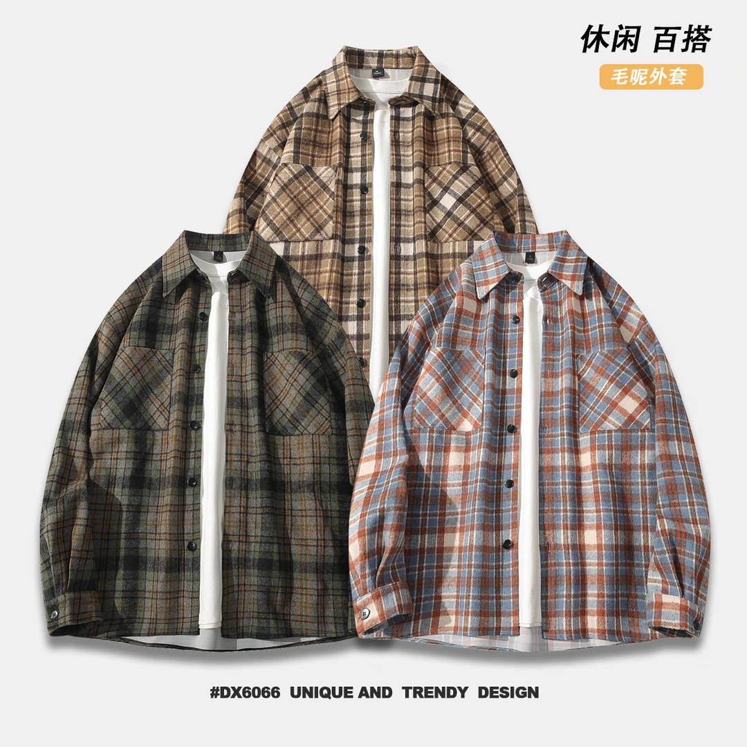 秋冬加厚重磅毛呢外套情侣休闲男装复古磨毛长袖衬衫宽松呢子外套