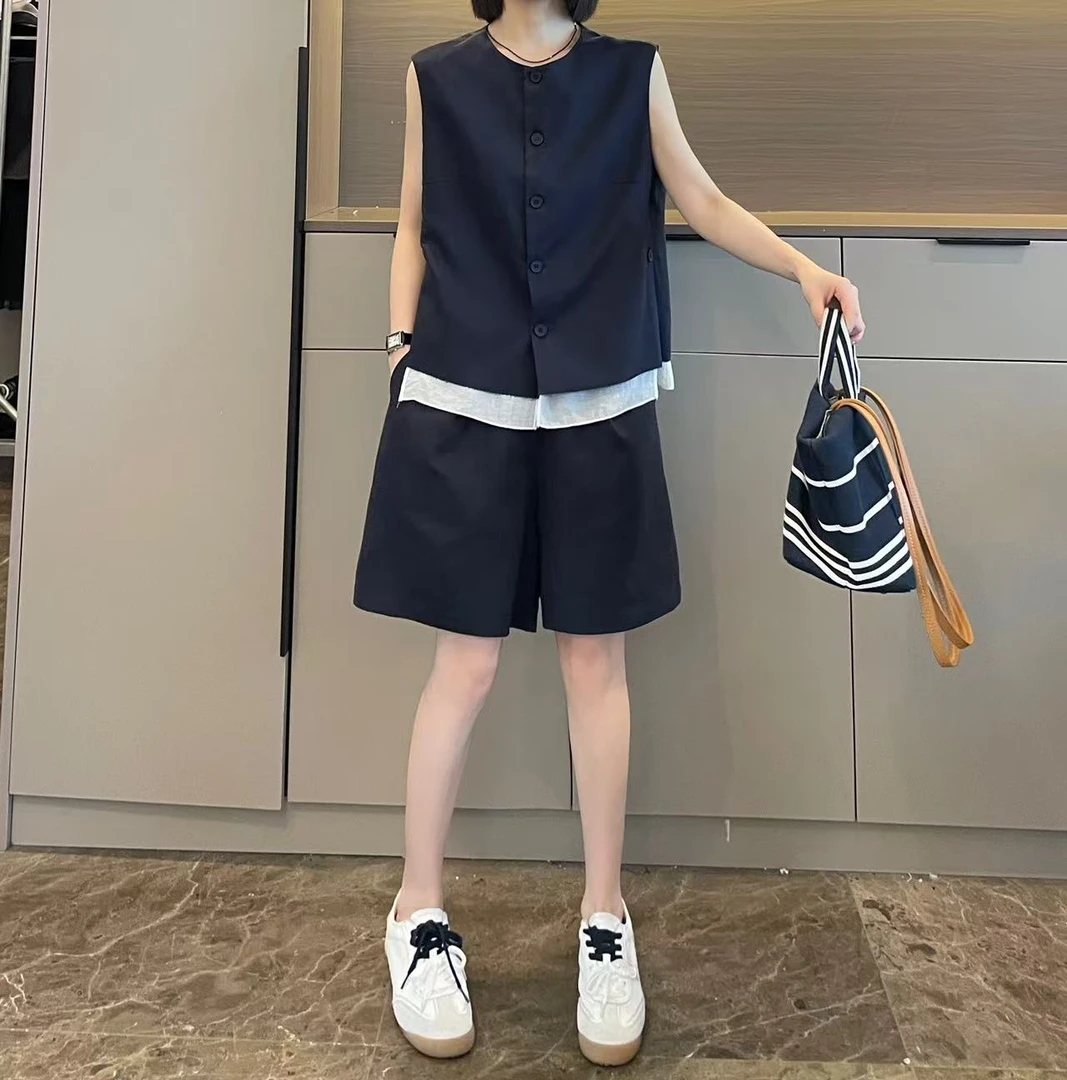 米可/MK-2237LJ【麻料下摆假两件中裤套装】时尚夏季新款两件套