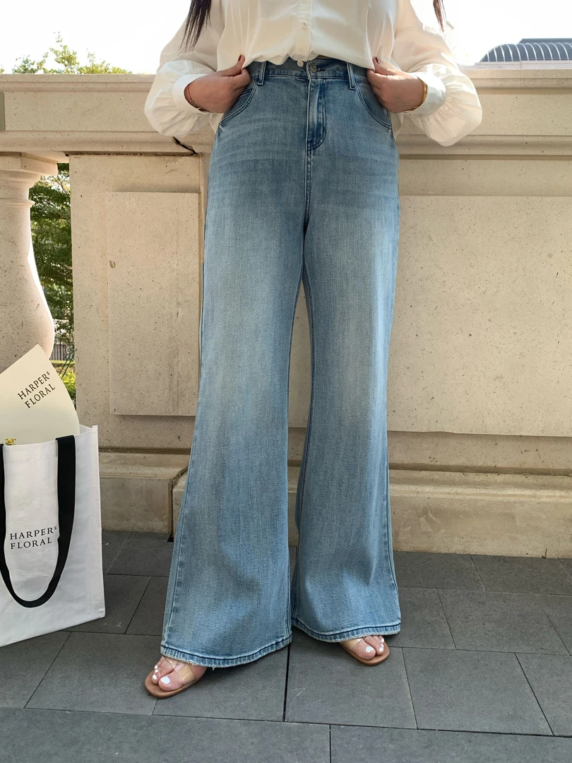 肉肉小姐大码女装早春新品高腰蓝色微喇阔腿牛仔裤胖mm显瘦长裤