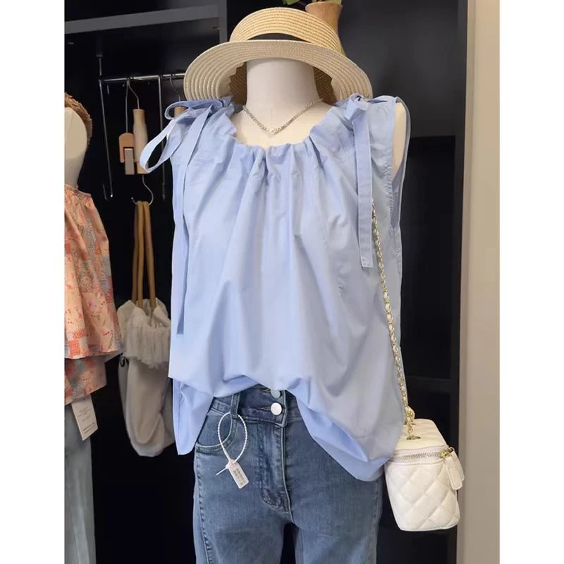 无袖法式系带女短款吸汗拼接衬衫上衣小众方领夏季