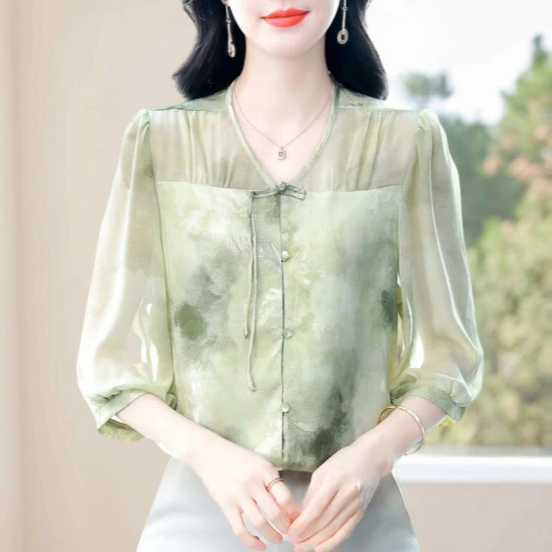 杭州高端大牌真丝衬衫女士夏装七分袖小衫洋气碎花妈妈桑蚕丝上衣