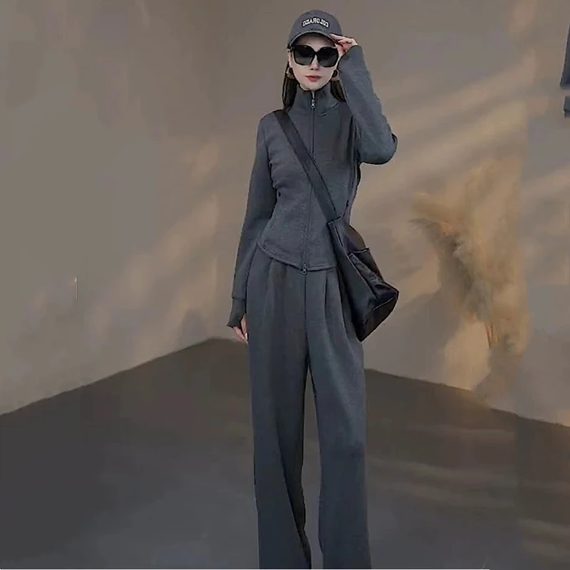 欧货时尚休闲运动套装女秋季新款气质显瘦御姐风加绒卫衣两件套冬