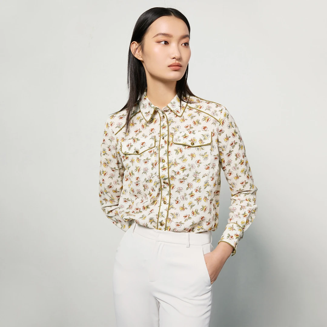 【粉丝专属】碎花立领衬衫女满印设计感单排扣时尚上衣M331209