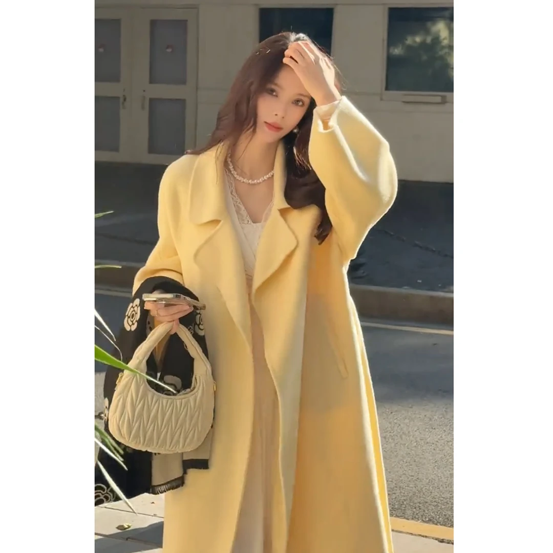 奶黄色小个子高级感流行中长款双面羊毛大衣女冬季好看毛呢外套女