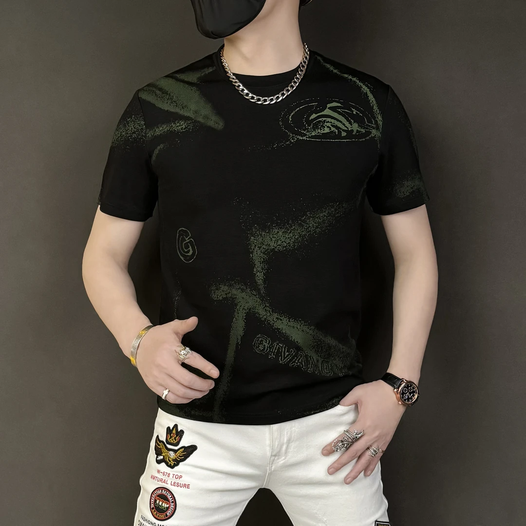 夏季时尚轻奢高级感潮流品质个性男士款弹力百搭修身圆领上衣短袖